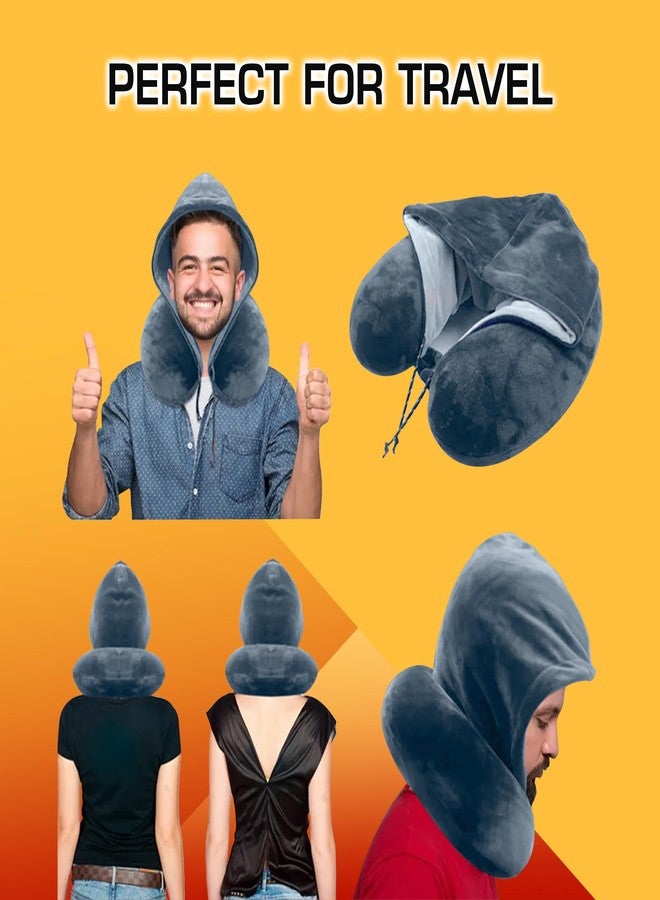 Billebon Premium Neck Pillow Ultra Soft with Hoodie, for Airplane (Grey Hoodie Neck Pillow with Eye Mask) - Image 5