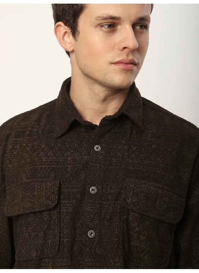 Beyoung Brown Geometric Textured Corduroy Shirt