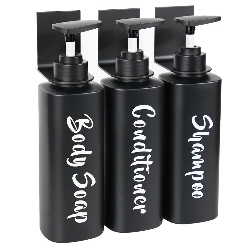 AUMIO Shampoo and Conditioner Dispenser Shower Soap Dispenser Wall Mounted 169oz Set of 3 Matte Black Plastic Bottles with Pump Drill Free Refillable Shampoo Bottles for Home Hotel Bathroom