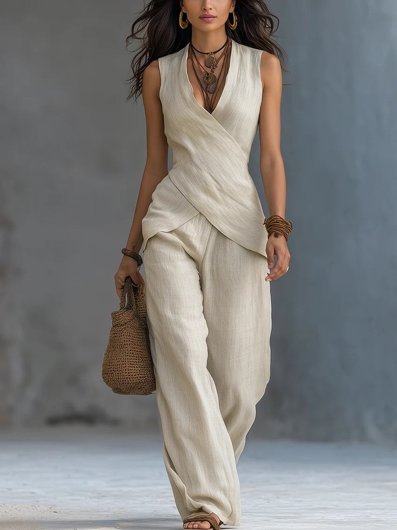 Women's Casual V-Neck Sleeveless Tracksuit Set - Image 2