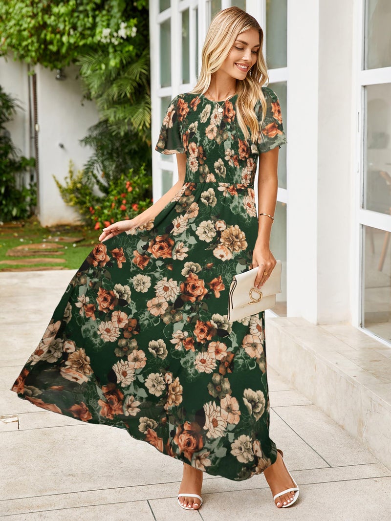 Simplee Apparel Simplee Womens Spring Floral Maxi Wedding Guest Dress Bohemian Short Sleeve Loose Sundress Lightweight Flowy Prom Vacation Dress(Green M) - Image 2