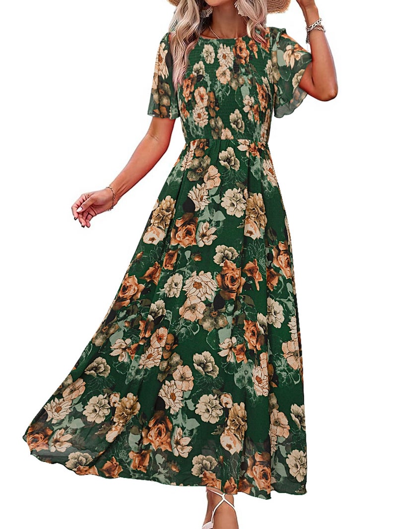 Simplee Apparel Simplee Womens Spring Floral Maxi Wedding Guest Dress Bohemian Short Sleeve Loose Sundress Lightweight Flowy Prom Vacation Dress(Green M) - Image 1