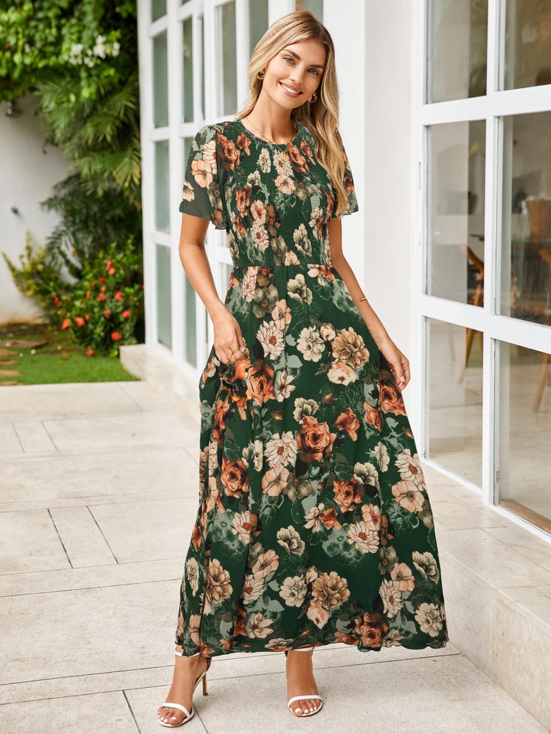 Simplee Apparel Simplee Womens Spring Floral Maxi Wedding Guest Dress Bohemian Short Sleeve Loose Sundress Lightweight Flowy Prom Vacation Dress(Green M) - Image 3
