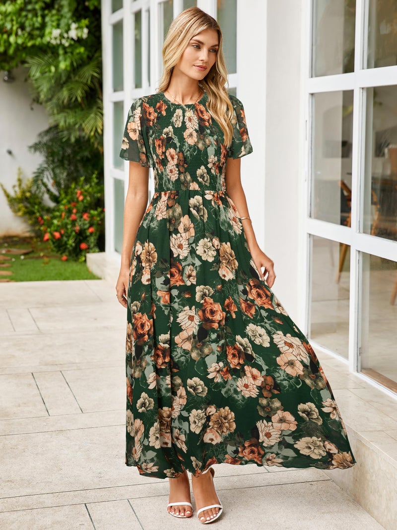 Simplee Apparel Simplee Womens Spring Floral Maxi Wedding Guest Dress Bohemian Short Sleeve Loose Sundress Lightweight Flowy Prom Vacation Dress(Green M) - Image 5