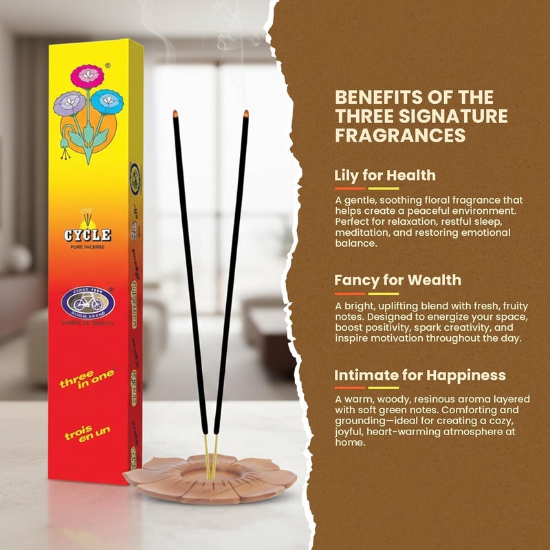 Cycle Brand Three in One Incense Sticks | 9'' Inch Agarbatti Sticks with 40 Mins Burning time | 3 Signature Natural Fragrances Floral, Woody, Lily | 21 Sticks/Pack, 12 Packs/Box, 252 Sticks/Box - Image 3