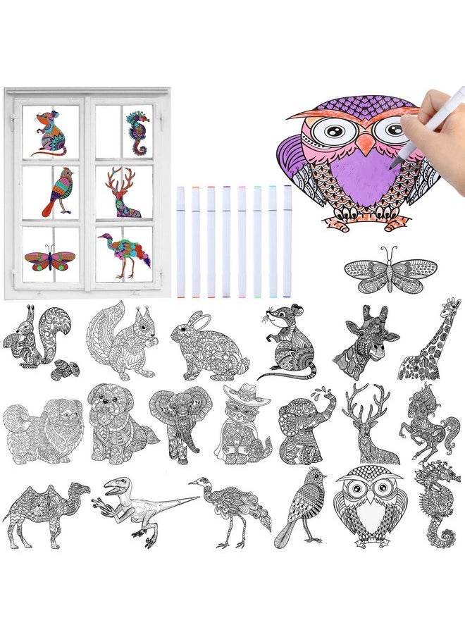 Leinuosen 28 Pcs Color Your Own Animal Mandala Window Clings And Markersdiy Kits For Adults Stained Glass Kit Window Art Craft Kits For Kids Women Teens Home Window Decorations  - Image 1