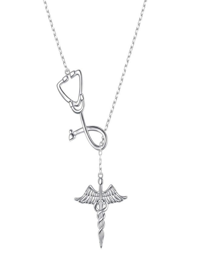 FLYOW 925 Sterling Silver Medicine Themed Stethoscope Pendant Caduceus Lariat Necklace for Women Doctor Nurse Med School Graduation Gift Birthday Gifts - Image 1