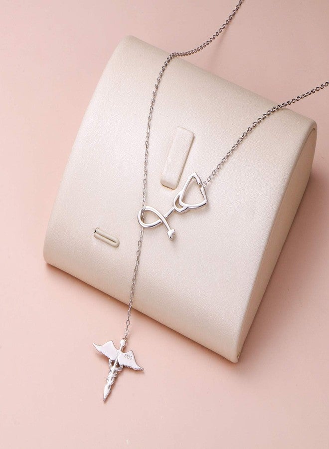 FLYOW 925 Sterling Silver Medicine Themed Stethoscope Pendant Caduceus Lariat Necklace for Women Doctor Nurse Med School Graduation Gift Birthday Gifts - Image 3