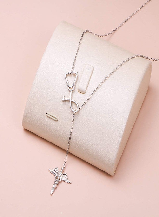 FLYOW 925 Sterling Silver Medicine Themed Stethoscope Pendant Caduceus Lariat Necklace for Women Doctor Nurse Med School Graduation Gift Birthday Gifts - Image 2