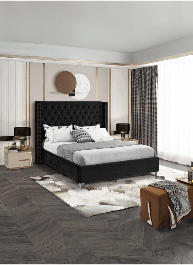 Bed and Mattress Zone Fabric Tufted Upholstered Bed 200x180 King Size Black Color 