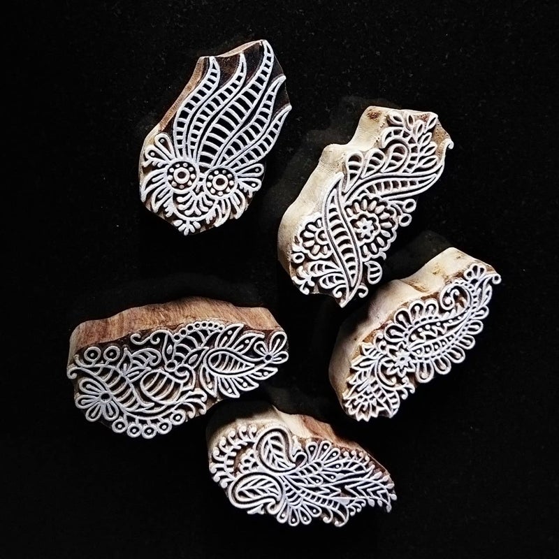 ecofynd Round Wood Block Stamps (Pack of 5), Wooden Blocks for Block Printing Stamp Set, Artistic Shapes Craft Kids Saree Border DIY Henna Fabric Textile Paper Clay Pottery Hand-Carved (BLOCK011) - Image 4