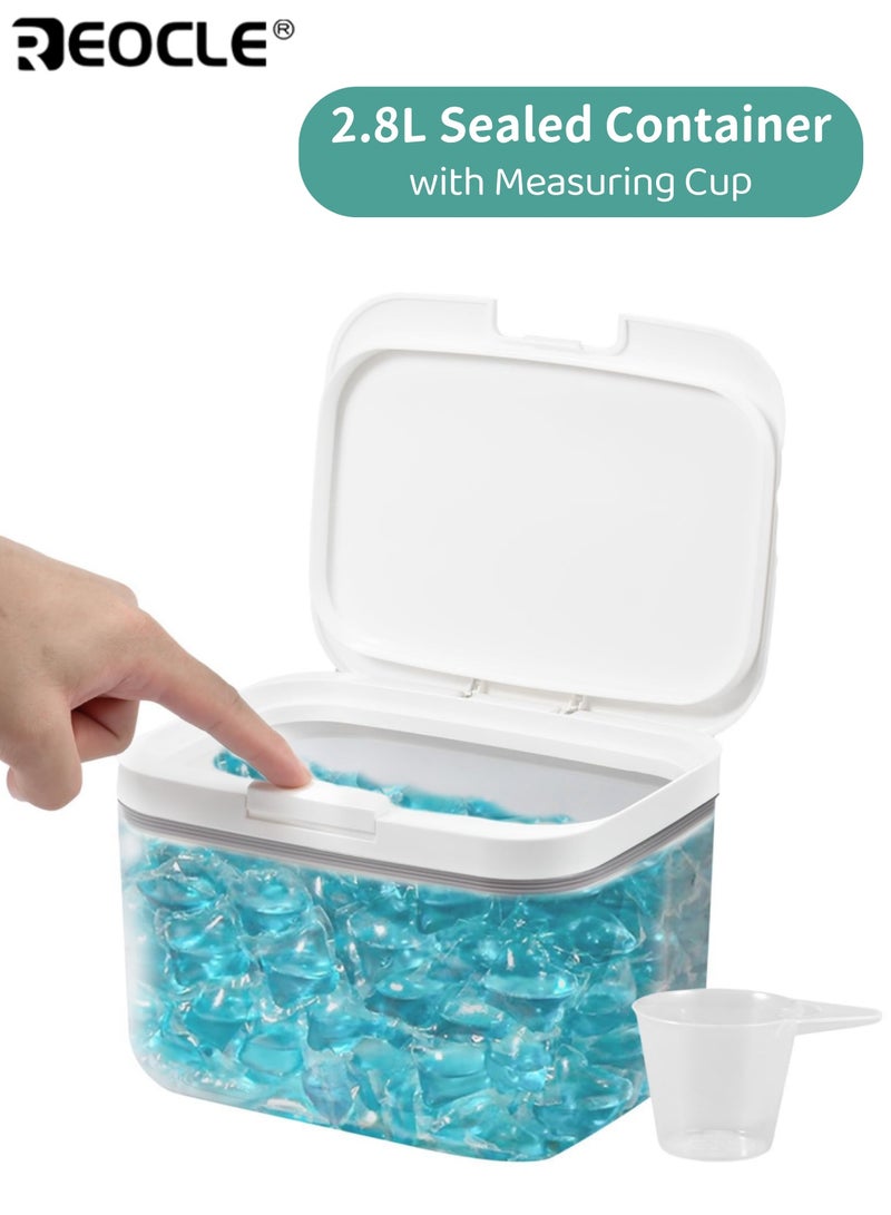 ريوكل حاوية كبسولات الغسيل التلقائي المنبثقة غسالة الصحون حامل جراب سعة كبيرة 2.8 لتر حاوية محكمة الغلق مع كوب قياس لتنظيم غرفة الغسيل الخرز - Image 1
