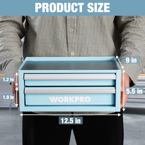 WORKPRO صندوق أدوات ميني WORKPRO بحجم 12.5" مع 2 درج و1 تخزين علوي مفتوح، صندوق أدوات معدني صغير مع بطانات PVC وأقدام PP، صندوق أدوات من الصلب المدلفن على البارد مع بطانات الأدراج وأقراص مغناطيسية - Image 2