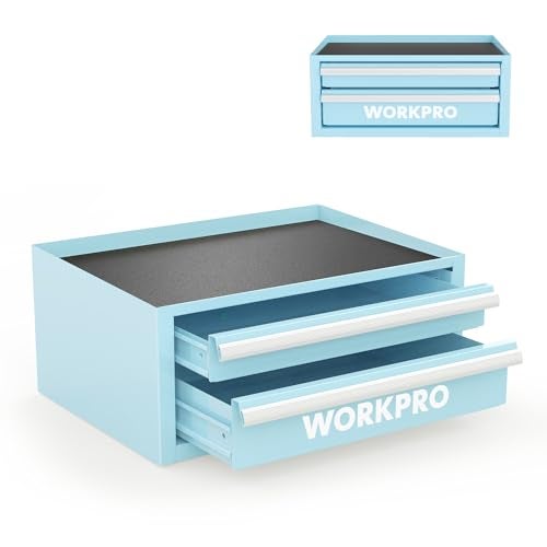 WORKPRO صندوق أدوات ميني WORKPRO بحجم 12.5" مع 2 درج و1 تخزين علوي مفتوح، صندوق أدوات معدني صغير مع بطانات PVC وأقدام PP، صندوق أدوات من الصلب المدلفن على البارد مع بطانات الأدراج وأقراص مغناطيسية - Image 1
