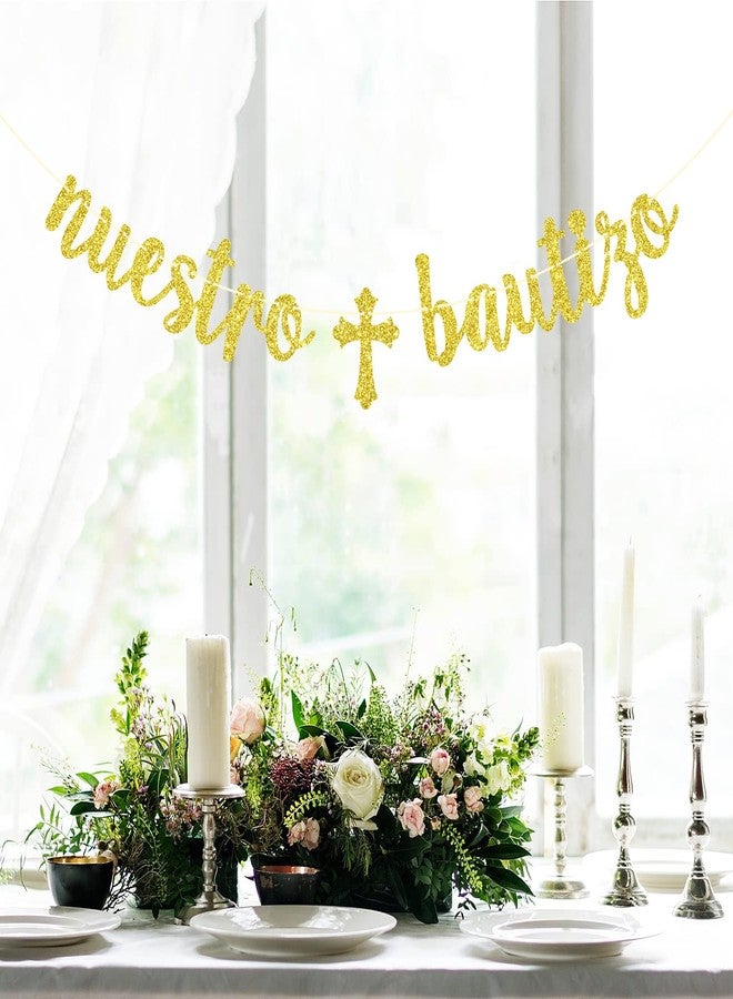 Yotawebery Gold Glitter Nuestro Bautizo Banner - First Holy Communion, God Bless, Spanish Baptism, Baby Shower, Christening Party Decorations - Image 3