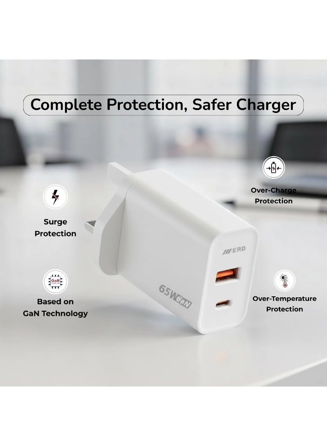 ERD شاحن سريع ERD بقوة 65 واط - منفذين USB-A و USB-C مع كابل C إلى C | شحن سريع متعدد الأجهزة | أبيض | 65 واط - Image 3