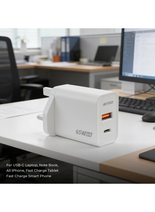 ERD شاحن سريع ERD بقوة 65 واط - منفذين USB-A و USB-C مع كابل C إلى C | شحن سريع متعدد الأجهزة | أبيض | 65 واط - Image 4
