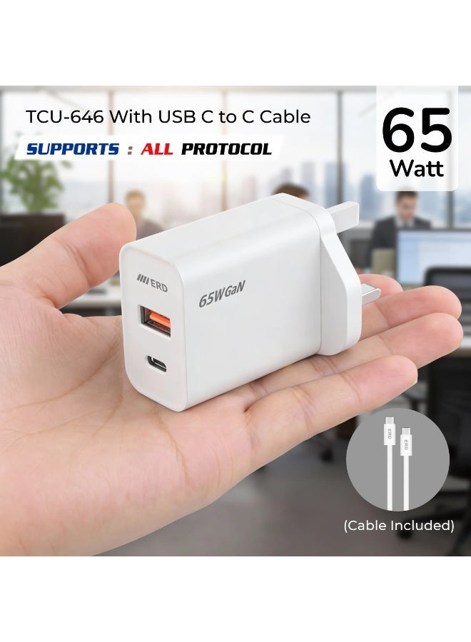 ERD شاحن سريع ERD بقوة 65 واط - منفذين USB-A و USB-C مع كابل C إلى C | شحن سريع متعدد الأجهزة | أبيض | 65 واط - Image 1