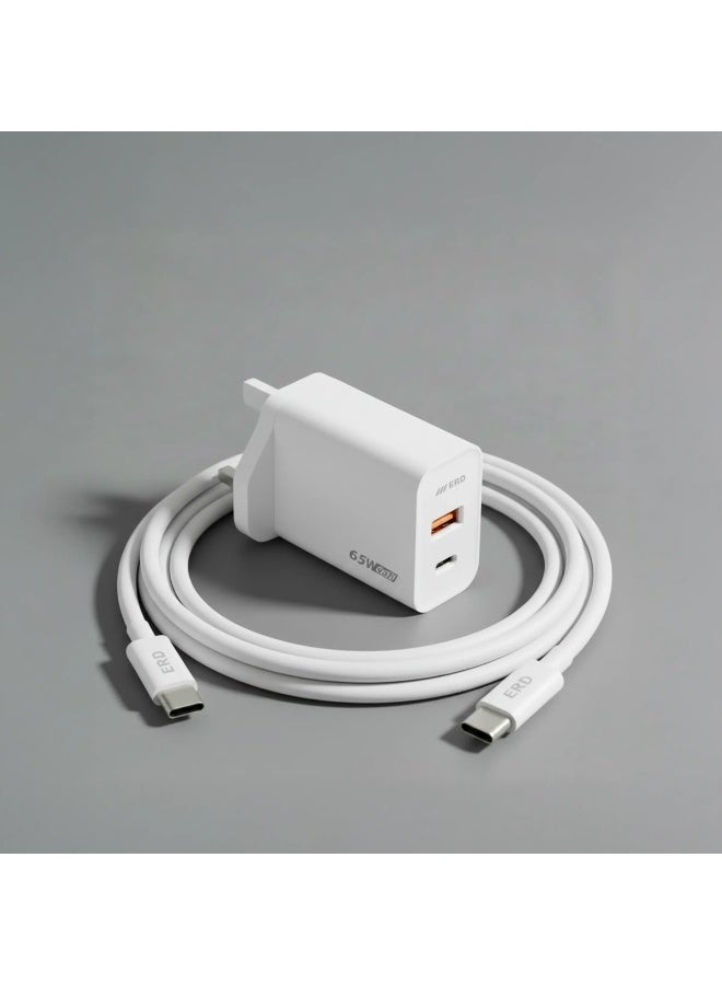 ERD شاحن سريع ERD بقوة 65 واط - منفذين USB-A و USB-C مع كابل C إلى C | شحن سريع متعدد الأجهزة | أبيض | 65 واط - Image 2