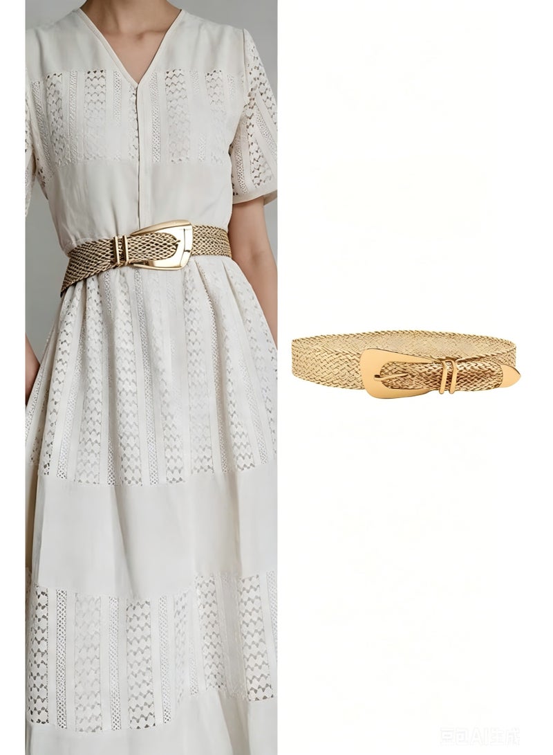 Women Wide Braided Belt Straw Woven Belt Irregular Metal Buckle Adjustable Boho Waist Belt Summer Beach Dress Belt - Image 1