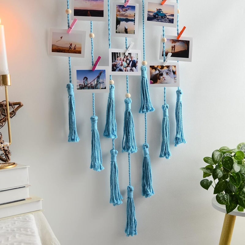 Macrame Kn0ts Wall Photo Hanging with 10 Clips Best for Bohemian Home Wall Decor, Aesthetic Room Decor, Decorate Your Room, Home Decor Item for Room (Photos not Included) (Sky Blue) - Image 2