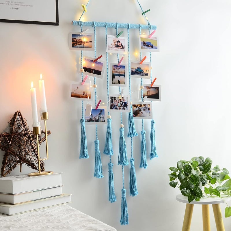 Macrame Kn0ts Wall Photo Hanging with 10 Clips Best for Bohemian Home Wall Decor, Aesthetic Room Decor, Decorate Your Room, Home Decor Item for Room (Photos not Included) (Sky Blue) - Image 1