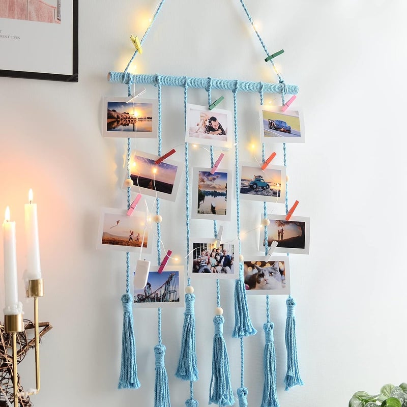 Macrame Kn0ts Wall Photo Hanging with 10 Clips Best for Bohemian Home Wall Decor, Aesthetic Room Decor, Decorate Your Room, Home Decor Item for Room (Photos not Included) (Sky Blue) - Image 4