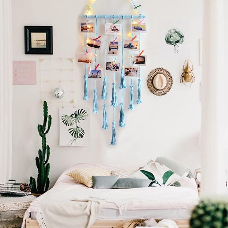 Macrame Kn0ts Wall Photo Hanging with 10 Clips Best for Bohemian Home Wall Decor, Aesthetic Room Decor, Decorate Your Room, Home Decor Item for Room (Photos not Included) (Sky Blue) - Image 3