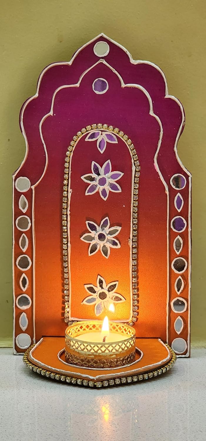 Netra Arts Wall Mounted Wooden Tealight Candle Holders Comes with Two Tealight Candles Perfect for Home Decoration and Gifting On Festival Color May Vary Set of 2 - Image 2
