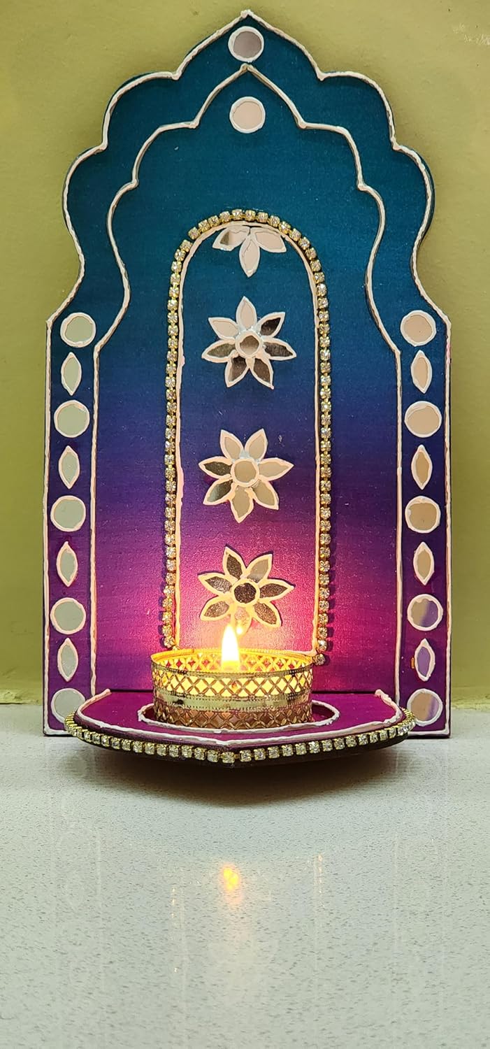 Netra Arts Wall Mounted Wooden Tealight Candle Holders Comes with Two Tealight Candles Perfect for Home Decoration and Gifting On Festival Color May Vary Set of 2 - Image 3
