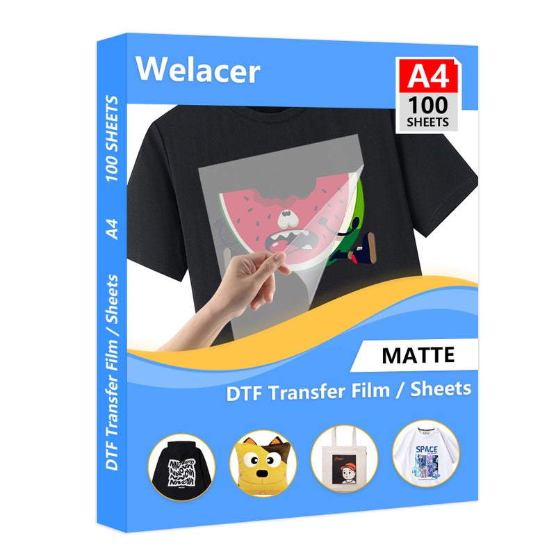 Welacer 100 Sheets DTF Transfer Film Paper A4 Double Sided Thick Clear Pretreat Sheets, PET Heat Transfer Paper for Inkjet Printer DTG Printer Direct Print On T Shirts Textile - Image 1