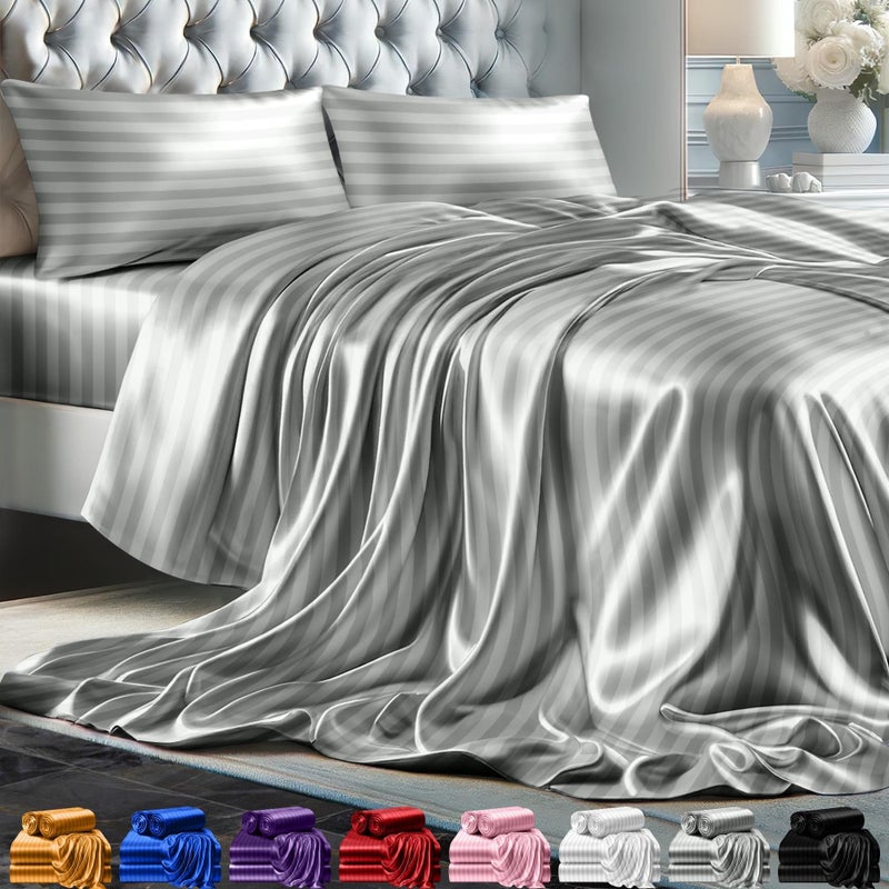 DECOLURE Luxurious Silk Feel Striped Satin Sheet Queen Set 4pc  AllSeason Silky Soft Queen Size Bed Sheet Set wDeep Pocket Fitted Sheet Flat Sheet Pillowcase Grey01