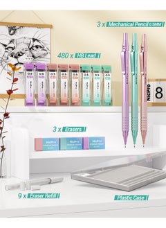 Nicpro 0.5 Metal Mechanical Pencil Set With Case, 3Pcs Mp1000 0.5Mm Pastel Lead Pencils With 480Pcs Hb 2B Lead Refills, Eraser, Cute Aesthetic Mechanical Pencils For Girls Art Drafting Writing Drawing  - Image 2
