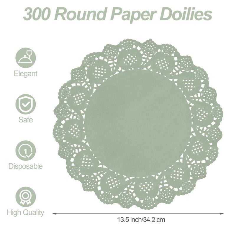 MCEAST 300 Pack Round Sage Green Paper Doilies 13.5 Inches Lace Paper Place Mats Rustic Scallop Doily Disposable Table Pads for Food Cakes Crafts Party Weddings Tableware Decor - Image 2