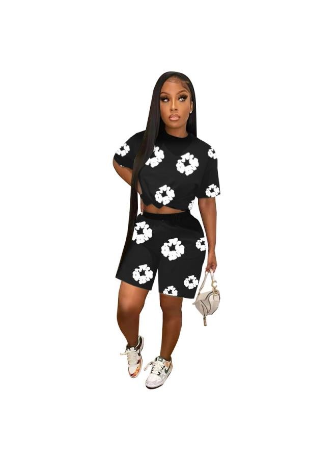Y7 393 European And American Women's Clothing 24 Spring And Summer New Popular Digital Printed Short-sleeved Shorts Sports Two-piece Set For Women (special Offer