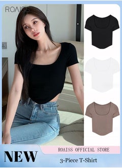 roaiss 3-Pack Fashionable T-Shirts For Women For Daily Commuting Solid Color Square Neck Threaded Knitted Material Irregular Hem Pullover  - Image 1
