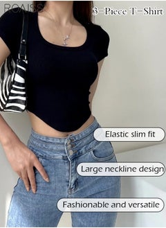 roaiss 3-Pack Fashionable T-Shirts For Women For Daily Commuting Solid Color Square Neck Threaded Knitted Material Irregular Hem Pullover  - Image 4