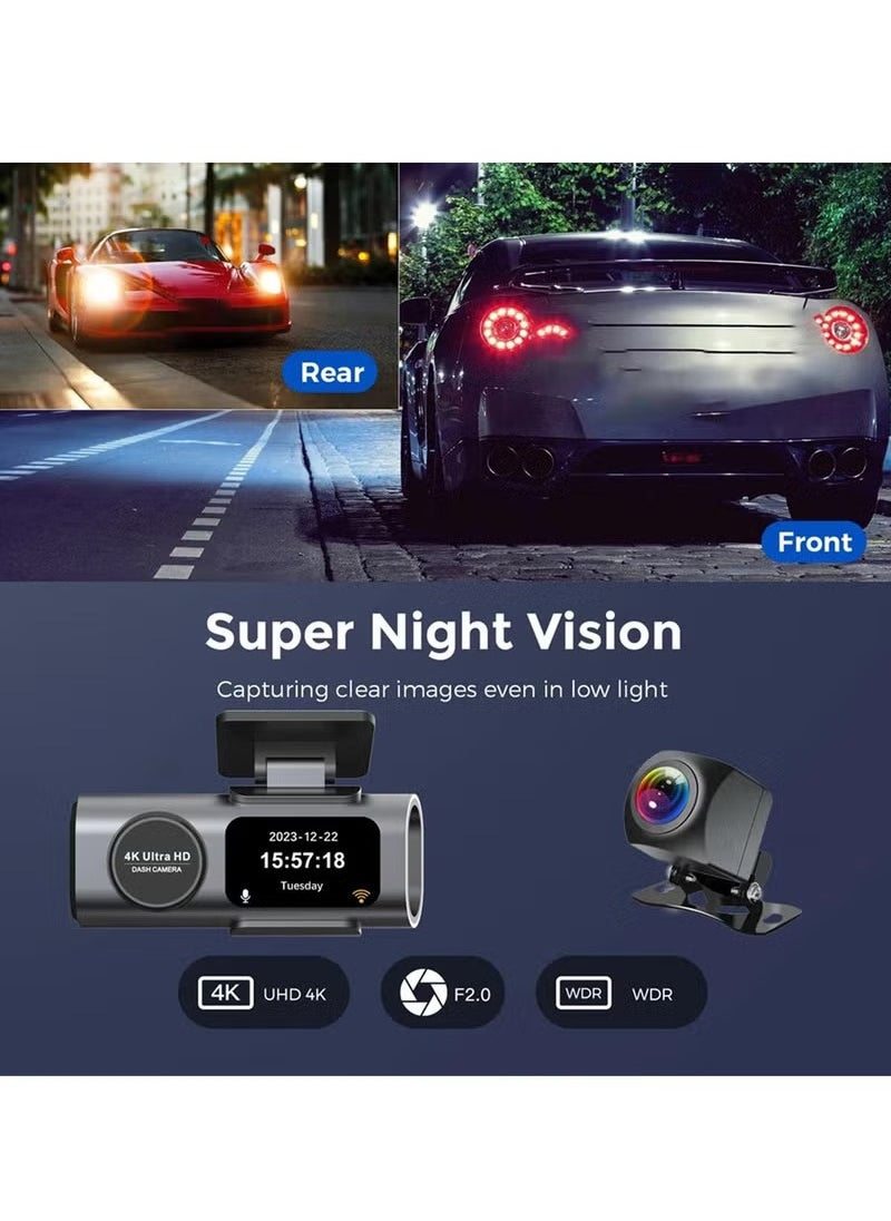 Generic 4K Dual Dash Cam with WiFi & GPS | 4K UHD Car DVR Recorder with Night Vision, G-Sensor, Loop Recording, and Dual 170° Wide Angle Lenses | Front & Rear Dash Camera for Full HD Surveillance with Screen  - Image 2