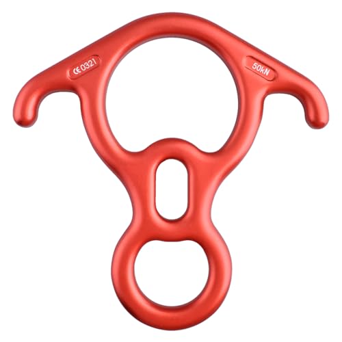 TRIWONDER 50KN Rock Climbing Figure 8 Descender Rescue Belay Device Stop Descender and Carabiner Rock Rappelling Gear (Red) - Image 1