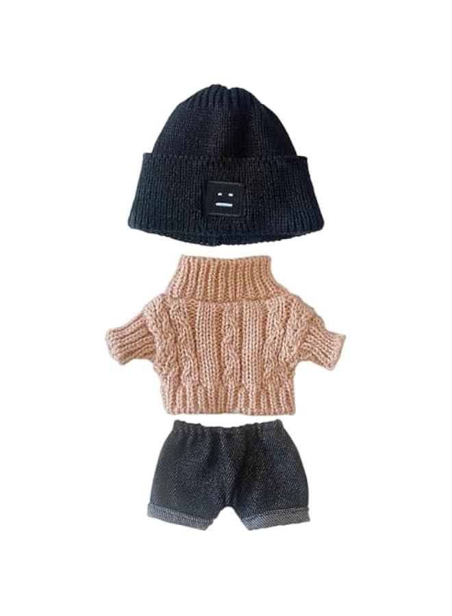 Arabest Doll Clothes Suit 7.8in/20cm Plush Doll Clothes Hat + Sweater + Shorts 3-Piece Set Doll Dressup Square Face Hat Denim Shorts White Sweater (Brown)  - Image 1