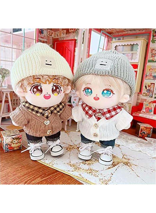 Arabest Doll Clothes Suit 7.8in/20cm Plush Doll Clothes Hat + Sweater + Shorts 3-Piece Set Doll Dressup Square Face Hat Denim Shorts White Sweater (Brown)  - Image 3