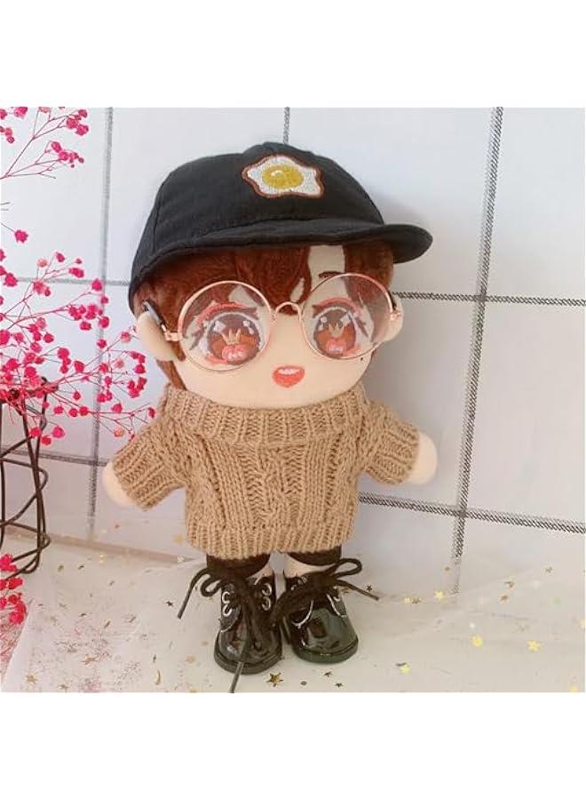 Arabest Doll Clothes Suit 7.8in/20cm Plush Doll Clothes Hat + Sweater + Shorts 3-Piece Set Doll Dressup Square Face Hat Denim Shorts White Sweater (Brown)  - Image 4