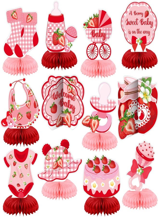 Yuntau 12 Pcs Strawberry Baby Shower Decoration Strawberry Honeycomb Centerpiece a Berry Sweet Baby Is on the Way Table Topper 3D Double Sided Table Decoration for Birthday Baby Shower Party Favors - Image 1