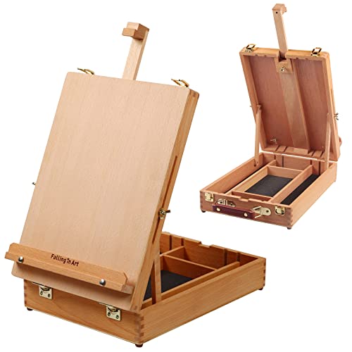 Falling in Art Wooden Tabletop Easel, Solid Wood Sketchbox Desktop Easel for Painting, Portable Art Drawing Easel for Beginners and Professionals - Image 1