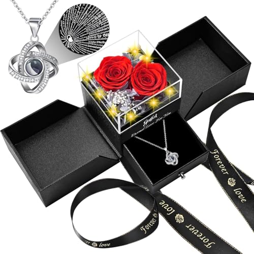 Gnifot Preserved Red Real Rose with I Love You in 100 Languages Necklace,Eternal Flowers Gifts for Women Wife Girlfriend Mom Grandma on Birthday Anniversary Valentines Mothers Day Christmas,Red Rose - Image 1