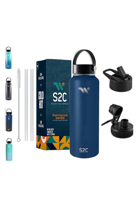 1200Ml Insulated Water Bottle With 3 Lids, Double Wall, Leak Proof, Stainless Steel Water Bottle With Straw Water Bottle For Gym, Water Bottle Thermos Flask For Hot Water Bottle (Blue)
