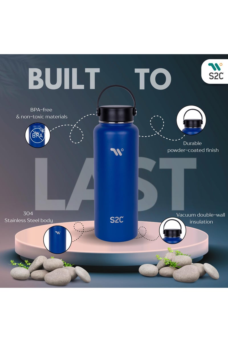 1200Ml Insulated Water Bottle With 3 Lids, Double Wall, Leak Proof, Stainless Steel Water Bottle With Straw Water Bottle For Gym, Water Bottle Thermos Flask For Hot Water Bottle (Blue)