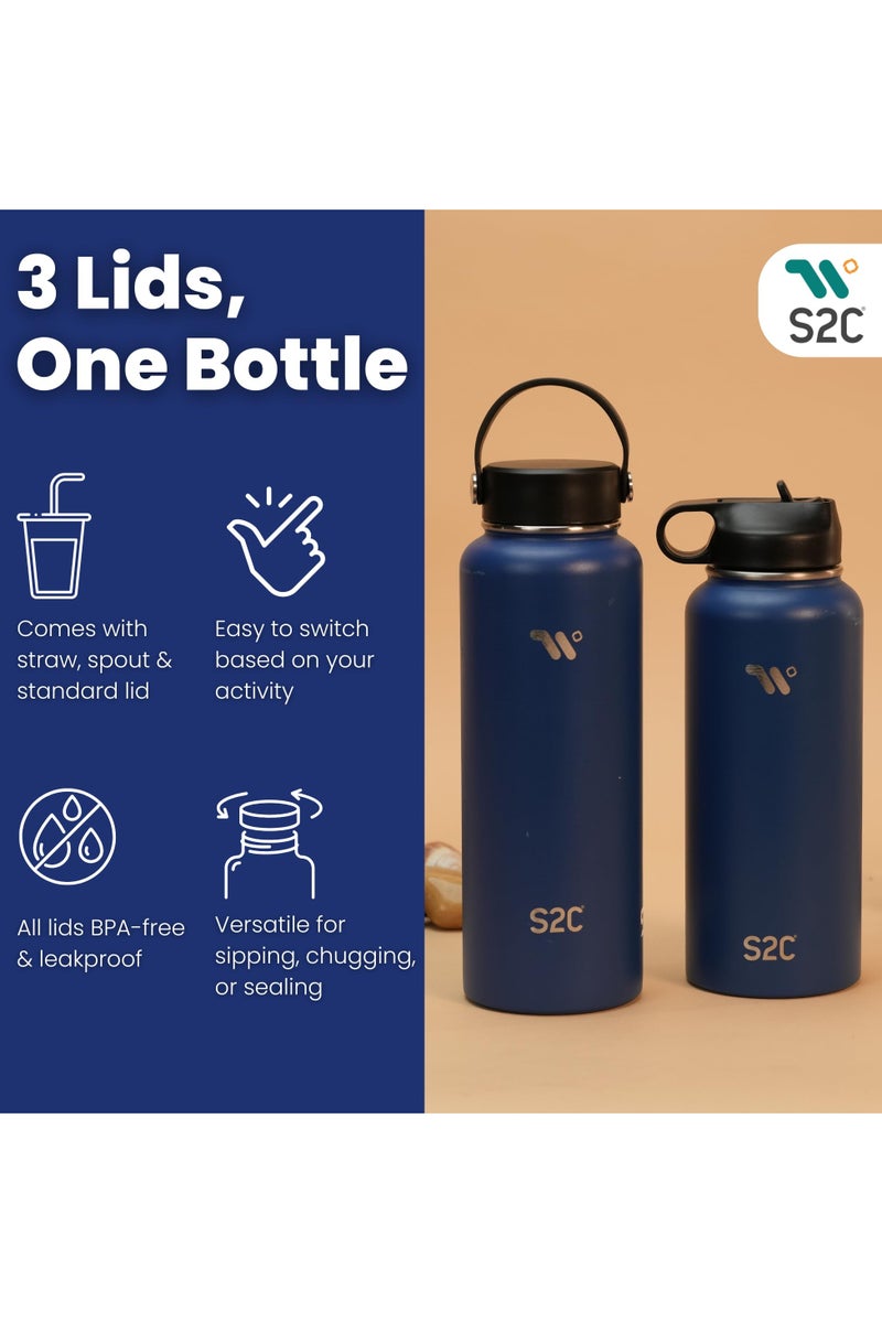 1200Ml Insulated Water Bottle With 3 Lids, Double Wall, Leak Proof, Stainless Steel Water Bottle With Straw Water Bottle For Gym, Water Bottle Thermos Flask For Hot Water Bottle (Blue)
