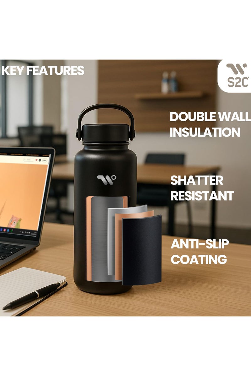 1200Ml Insulated Water Bottle With 3 Lids, Double Wall, Leak Proof, Stainless Steel Water Bottle With Straw Water Bottle For Gym, Water Bottle Thermos Flask For Hot Water Bottle (Blue)