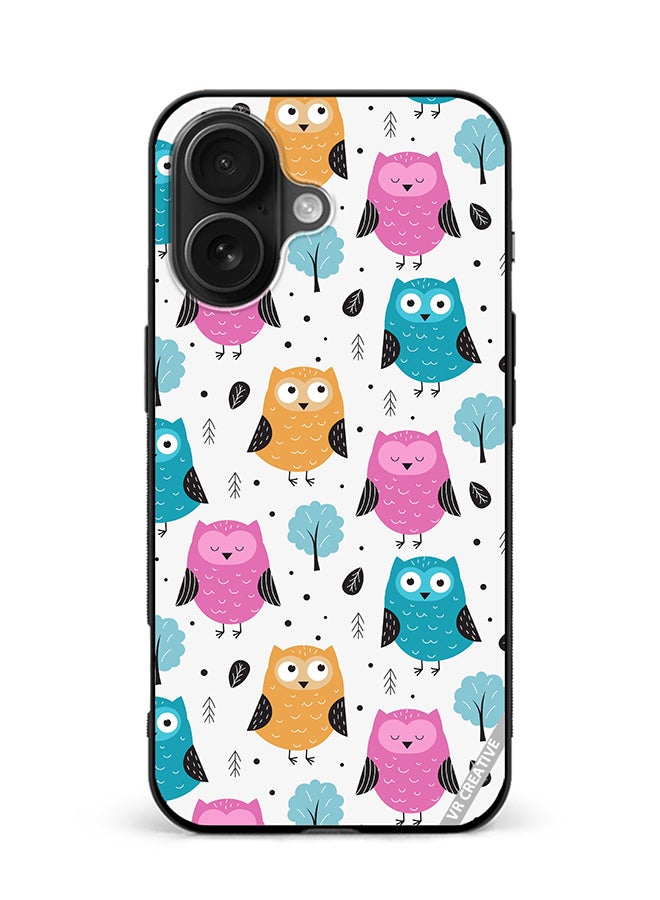 Protective Case Cover For Apple iPhone 16 Owls Seamless Pattern Design Multicolour